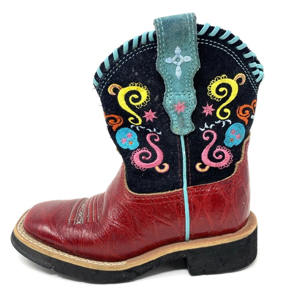 Ariat Kids Cowboy Boots Size 9.5 Red Black Sugarโ Skull Embroidered 10006868